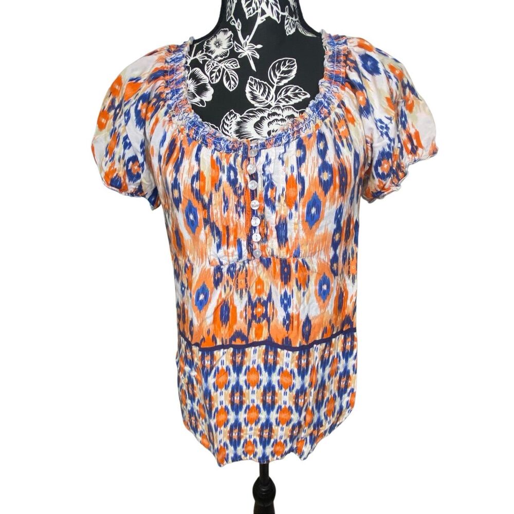 Faded Glory Boho Peasant Top Ikat Print Puff Sleeve Festival Cottagecore Blouse